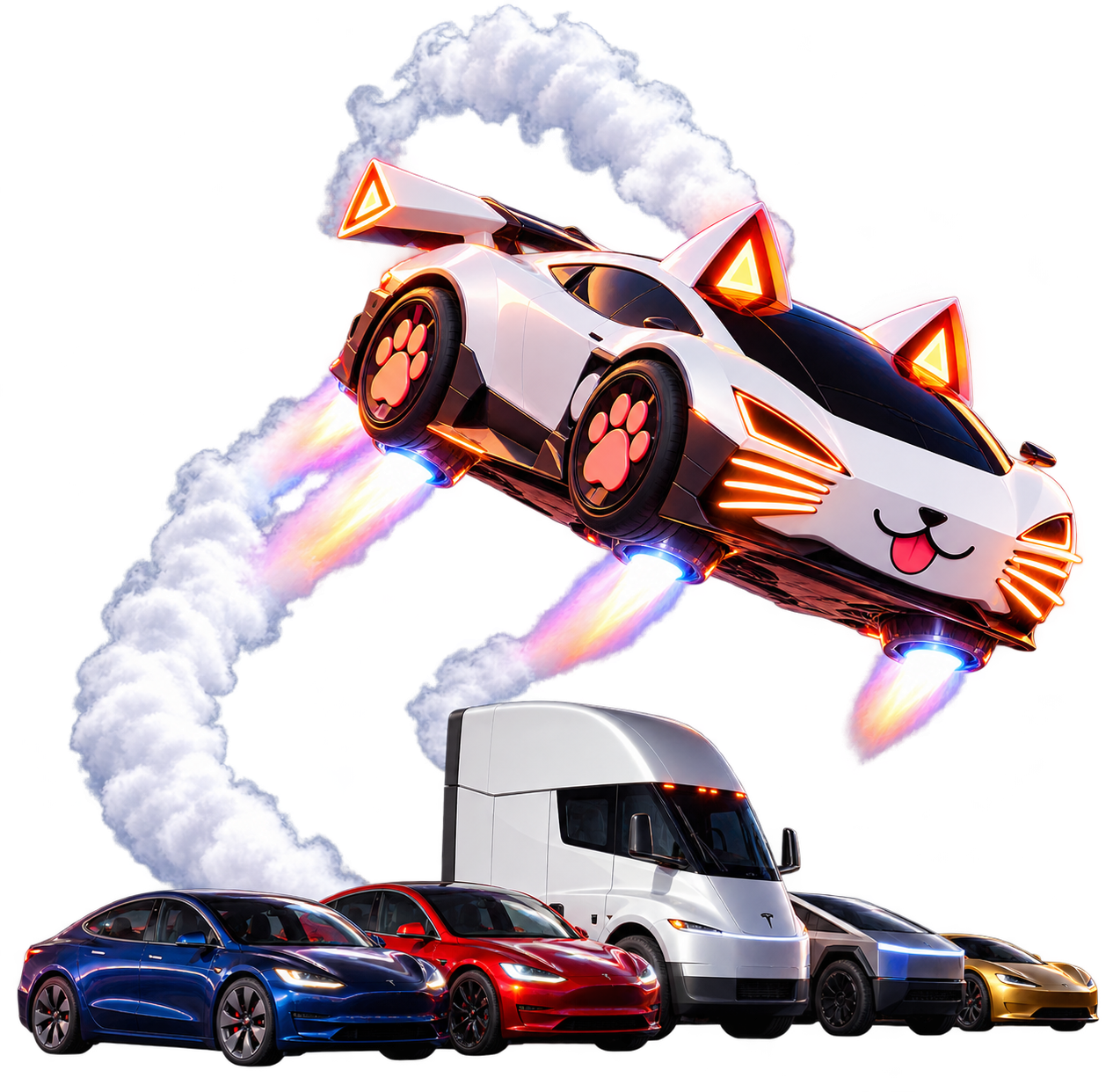 Flying Tesla Catster, a white flying sports car with glowing cat ears, orange whiskers, paw-print wheels, and thrusters, above a lineup of futuristic vehicles
